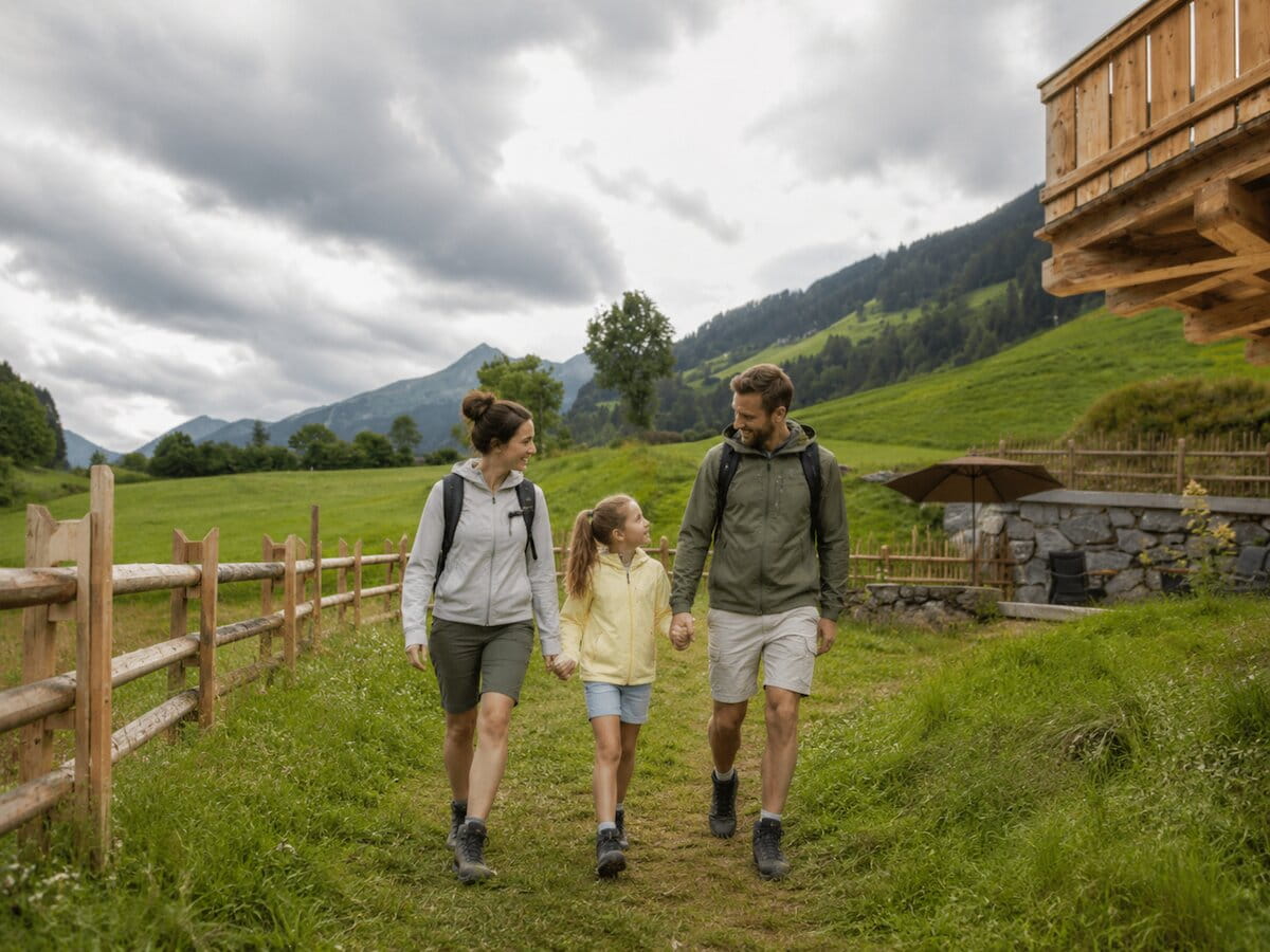 Familie mit Kindern beim Wandern im Stubaital